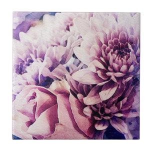 Pastel Pink Purple Rose Chrysanthemum Flowers Tile