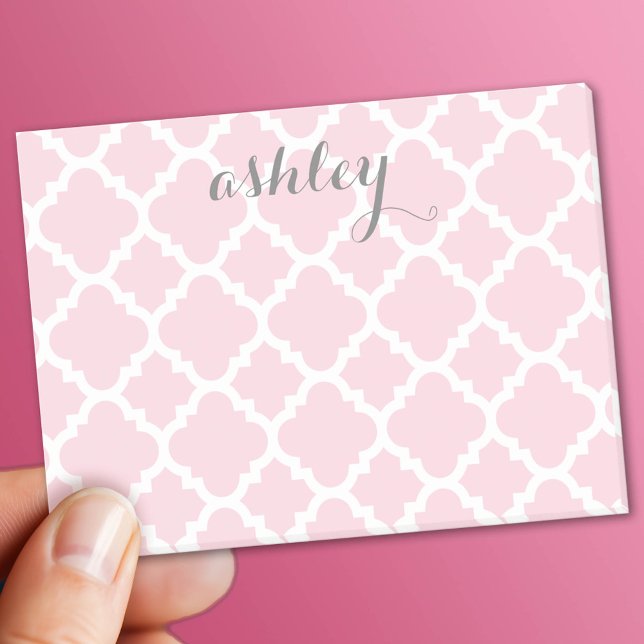Pastel Pink Quatrefoil Pattern Personalized Name Post-it Notes (Custom Post It Notepad)