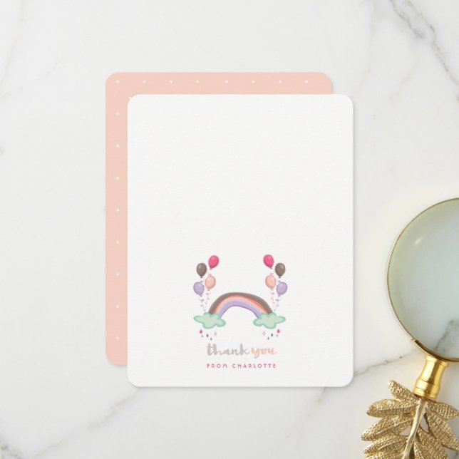 Pastel Pink Rainbow And Balloons Girl Baby Shower Thank You Card (Front/Back In Situ)