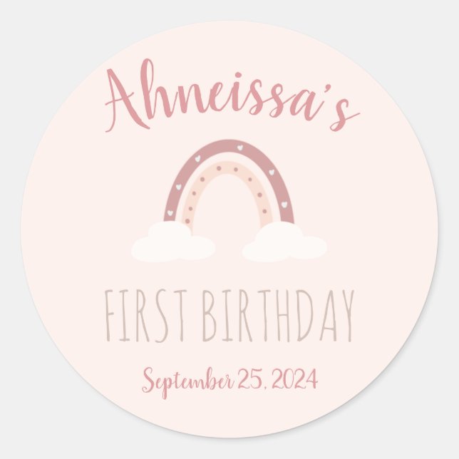 Pastel Pink Rainbow and Clouds First Birthday Classic Round Sticker (Front)
