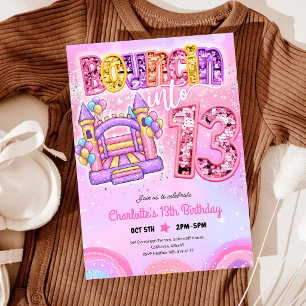 Pastel Pink Rainbow Bounce House 13th Birthday Invitation