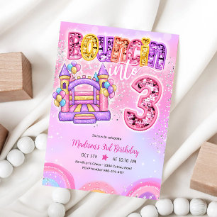 Pastel Pink Rainbow Bounce House 3rd Birthday Invitation