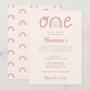 Pastel Pink Rainbow Clouds First Birthday Invitation
