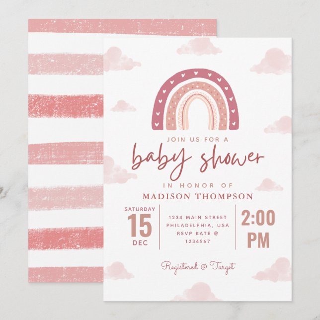 Pastel Pink Rainbow Clouds Girl Baby Shower Stripe Invitation (Front/Back)