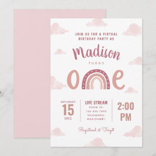 Pastel Pink Rainbow Clouds Virtual First Birthday Invitation