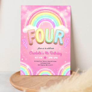 Pastel Pink Rainbow Sparkle 4th Birthday Invitation