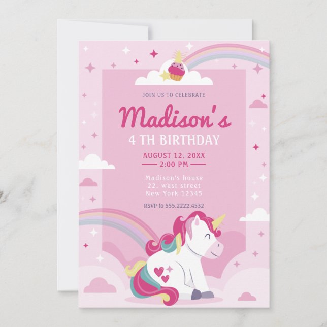 Pastel Pink Rainbow Unicorn Birthday Party Invitation (Front)