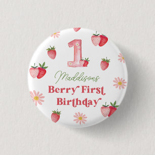Pastel Pink & Red Berry First Strawberry Birthday  1 Inch Round Button