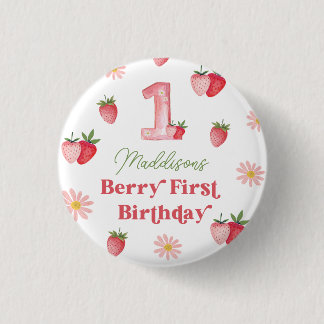 Pastel Pink & Red Berry First Strawberry Birthday  1 Inch Round Button