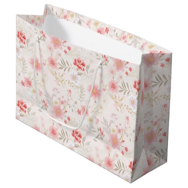 Pastel Pink Red White Flowers Pattern Large Gift Bag (Front Angled)