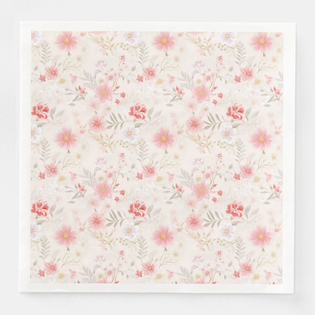 Pastel Pink Red White Flowers Pattern Napkin (Front)