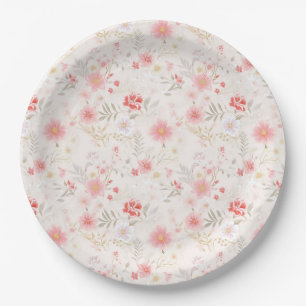 Pastel Pink Red White Flowers Pattern Paper Plate