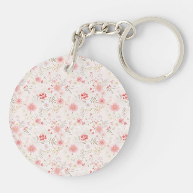 Pastel Pink Red White Flowers Pattern Two-sided Keychain (Back)