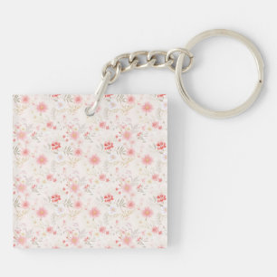 Pastel Pink Red White Flowers Pattern Two-sided Keychain