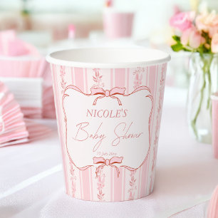 Pastel pink retro stripes baby shower personalized paper cups