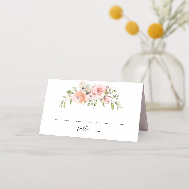 Pastel Pink Rose Florals Modern Botanical Wedding Place Card (Front)