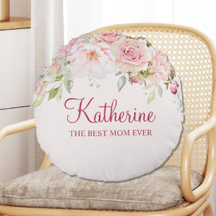 Pastel Pink Rose Flower Floral The Best Mom Ever Round Pillow