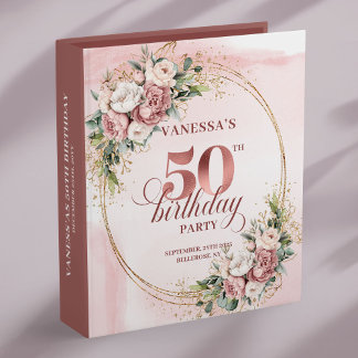 Pastel Pink Rose Gold Blush Flowers 50th Birthday Binder