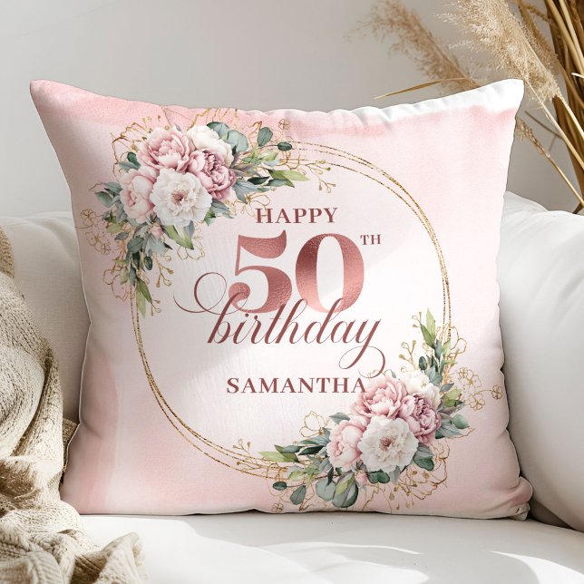 Pastel Pink Rose Gold Greenery 50th Birthday Gift Throw Pillow (Pastel Pink Rose Gold Greenery 50th Birthday Pillow Gift)