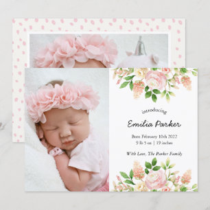 Pastel Pink Rose   Modern Elegant Floral Birth Announcement