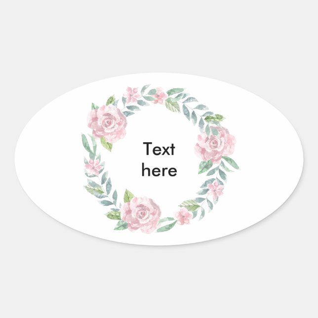Pastel pink rose wreath customizable name or text oval sticker (Front)