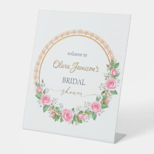 Pastel Pink Roses & Baby’s Breath Bridal Wreath Pedestal Sign