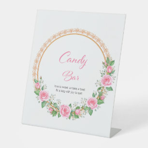 Pastel Pink Roses & Baby’s Breath Candy Bar Pedestal Sign