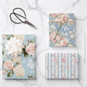 Pastel Pink Roses French Blue Foliage Stripes Wrapping Paper Sheet
