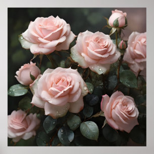 Pastel Pink Roses with Dark Green Leaves Poster
