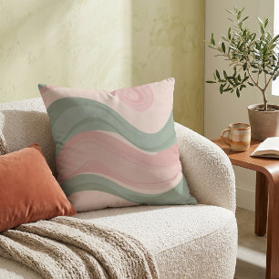 Pastel Pink Sage Green Abstract Wavy Pattern Throw Pillow
