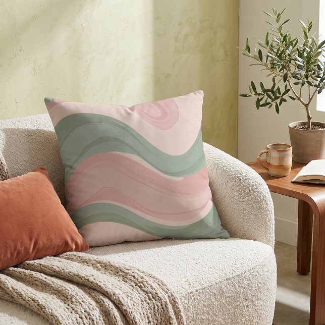 Pastel Pink Sage Green Abstract Wavy Pattern Throw Pillow (Creator Uploaded)