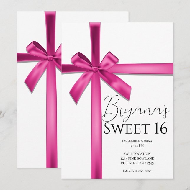 Pastel Pink Satin Ribbon Bow Sweet 16 Party  Invitation (Front/Back)