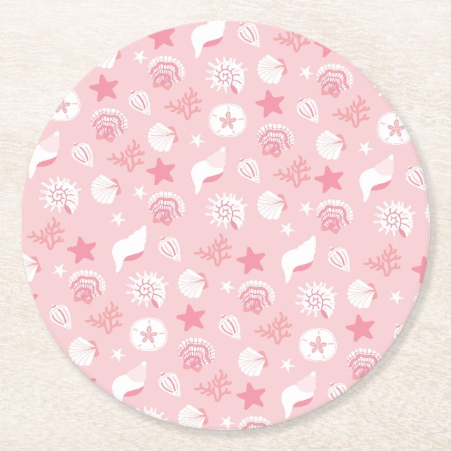 Pastel Pink Sea Shells and Coral Seamless Pattern Round Paper Coaster (Front)