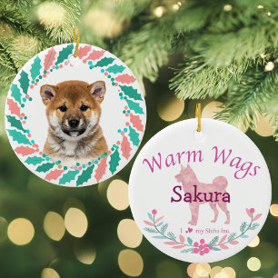 Pastel Pink Shiba Inu Personalized Christmas Ceramic Ornament