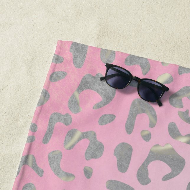 Pastel Pink Silver Leopard Print Beach Towel (In Situ)