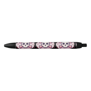 Pastel Pink Skull and Crossbones Black Ink Pen