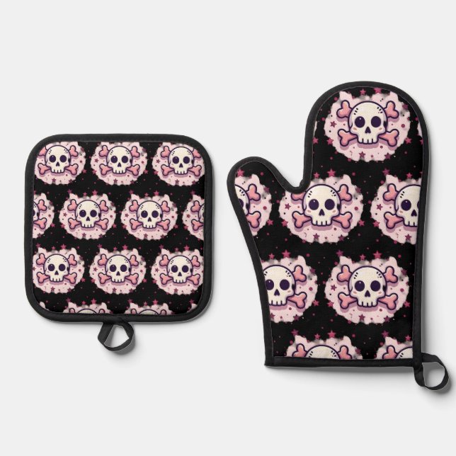 Pastel Pink Skull and Crossbones Oven Mitt & Pot Holder Set (Front)
