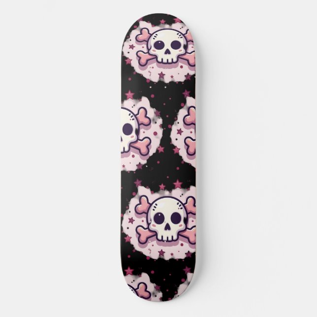 Pastel Pink Skull and Crossbones Skateboard (Front)