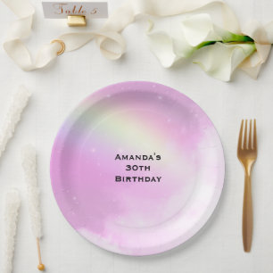Pastel Pink Sky with Yellow Rainbow Birthday Paper Plate