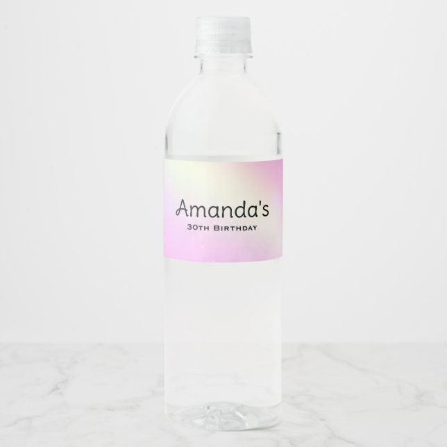 Pastel Pink Sky with Yellow Rainbow Birthday Water Bottle Label (Front)