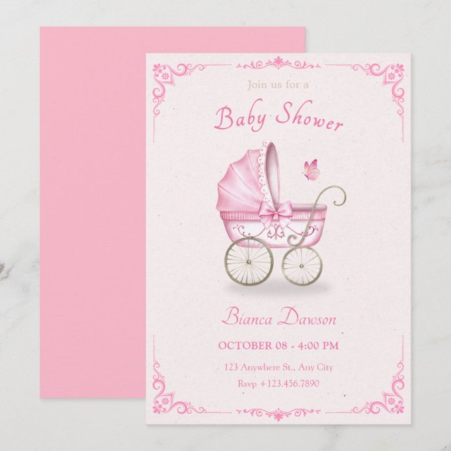 Pastel pink soft baby stroller baby shower invitation (Front/Back)