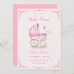 Pastel pink soft baby stroller baby shower invitation