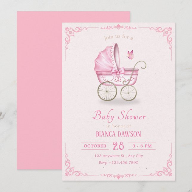 Pastel pink soft baby stroller baby shower invitation (Front/Back)
