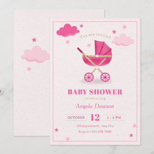 Pastel pink soft baby stroller baby shower invitation