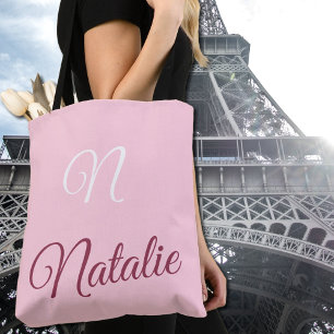 Pastel pink solid color monogrammed tote bag