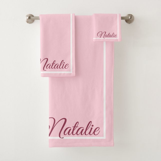 Pastel pink solid colour   monogrammed bath towel set (Insitu)
