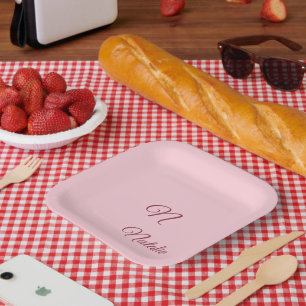 Pastel pink solid colour monogrammed  paper plate