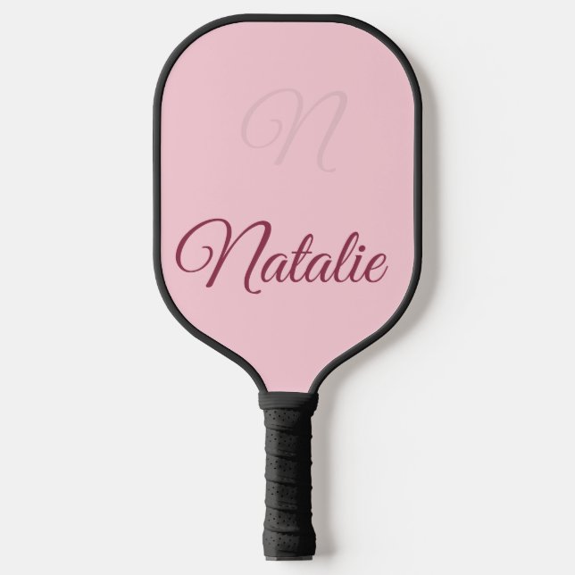 Pastel pink solid colour monogrammed pickleball paddle (Front)
