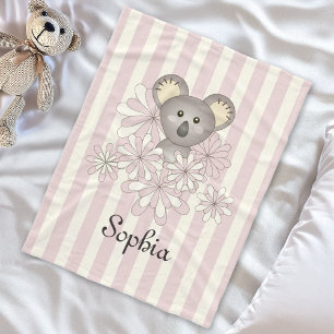 Pastel Pink Stripe Baby Koala Kids Girls Fleece Blanket