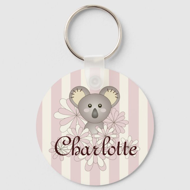 Pastel Pink Stripe Cute Baby Koala Kids Girls Keychain (Front)